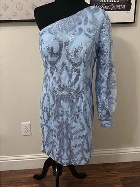 One-Shoulder Light Blue Sequin Cocktail Dress